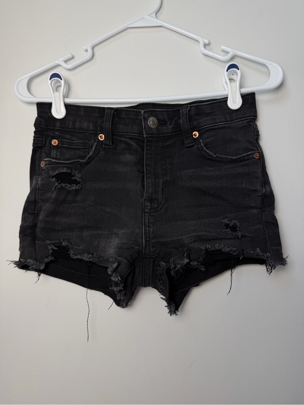 American Eagle High Rise Shortie Black Distressed Denim Shorts Size 0